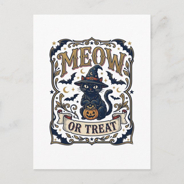 Miau oder Behandle Katze Halloween Gruselige Katze Postkarte (Vorderseite)