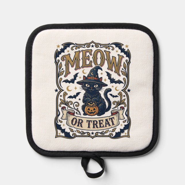 Miau oder Behandle Katze Halloween Gruselige Katze Topflappen (Vorderseite)