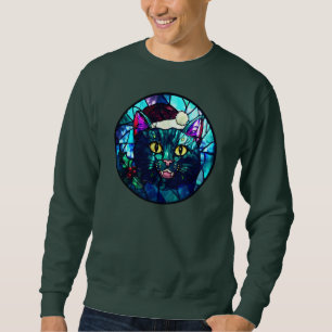 Miauende Buntglas-Weihnachts-Schwarze-Katze Sweatshirt
