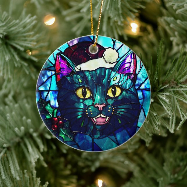 Miauende Glasmalerei-Weihnachts-Schwarze-Katze Keramik Ornament (Baum)