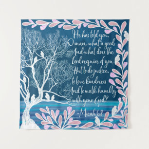 Micah 6:8 Türkis Blau Weiße Baum Vögel Bibelvers Wandteppich