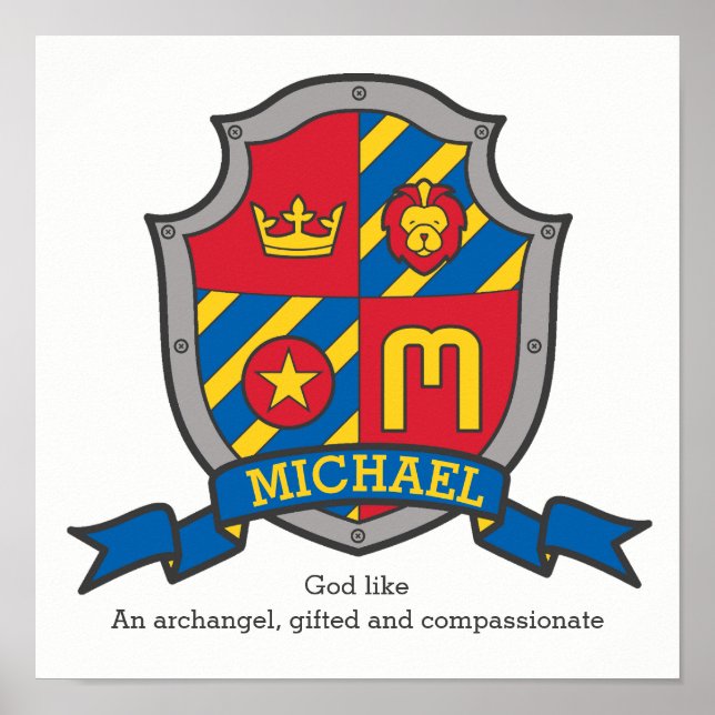 Michael boys M name bedeutet Red Blue Wappen Poste Poster (Vorne)