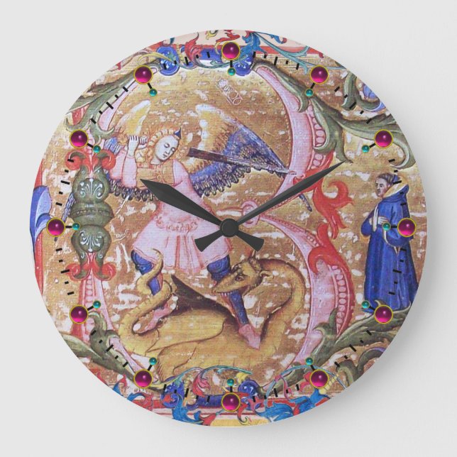 Michael Erzengel und Drache Antike Flora Große Wanduhr (Vorderseite)