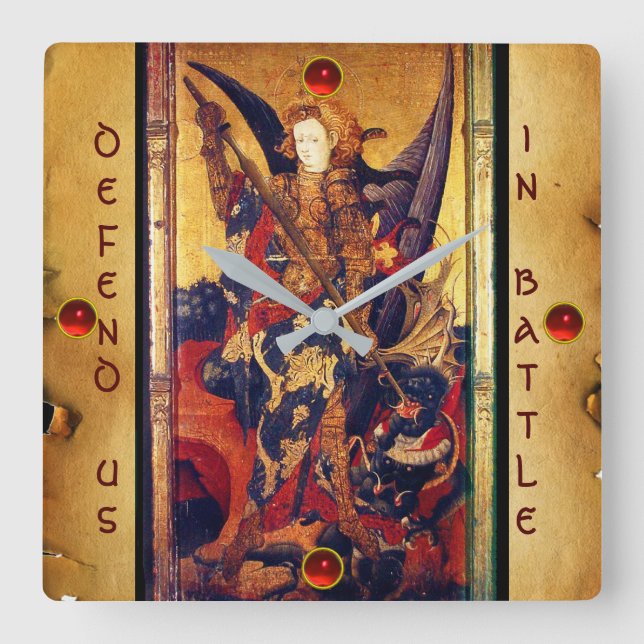 Michael Vanquishing Devil als mittelalterlicher Ri Quadratische Wanduhr (Vorderseite)
