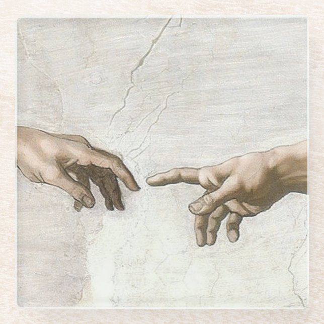 Michelangelo Schöpfung Adams Hände Fine Art Glasuntersetzer (Vorderseite)