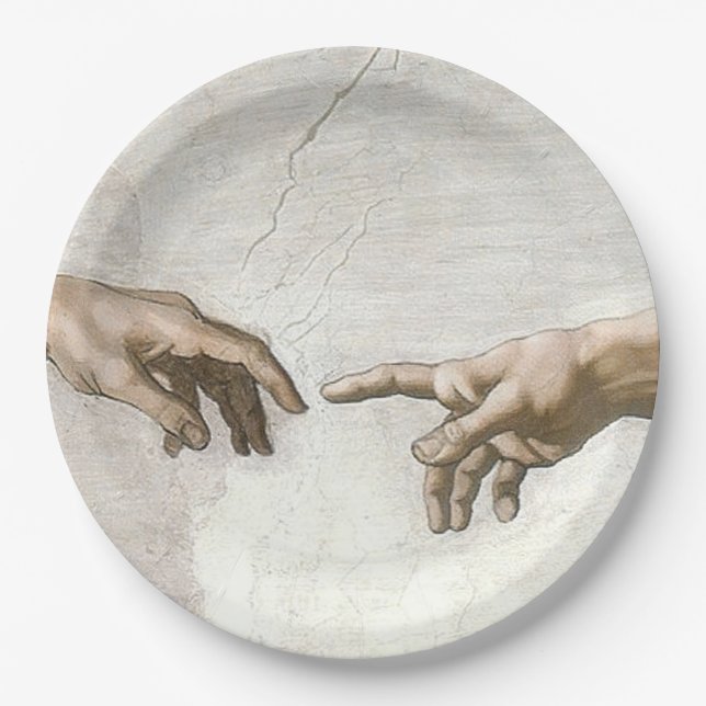 Michelangelo Schöpfung Adams Hände Fine Art Pappteller (Vorderseite)
