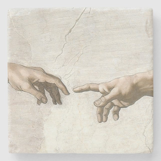Michelangelo Schöpfung Adams Hände Fine Art Steinuntersetzer (Vorderseite)