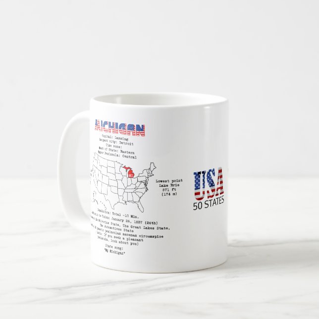 Michigan American Staat auf einer Karte und nützli Kaffeetasse (Vorderseite Links)