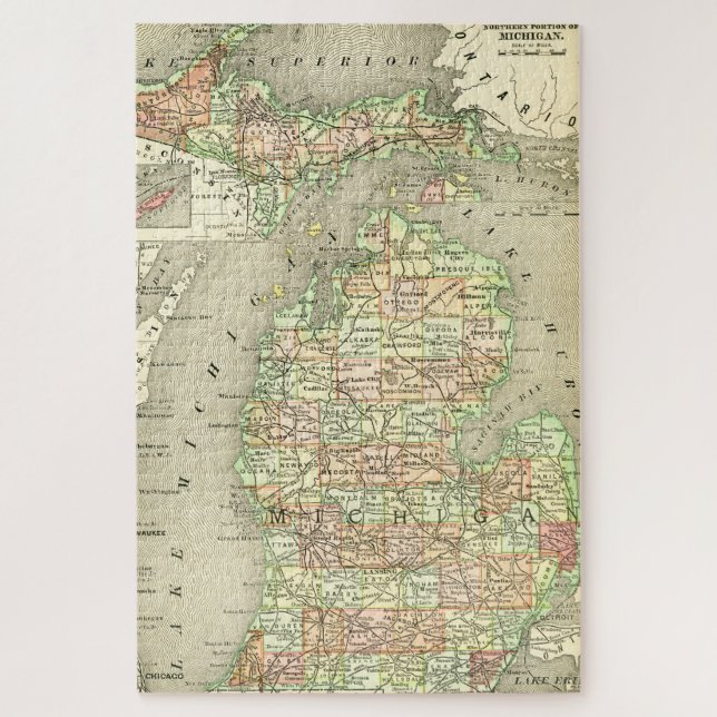 Michigan Antique Map Farbenfroher Staat Norther UP Puzzle (Vertikal)