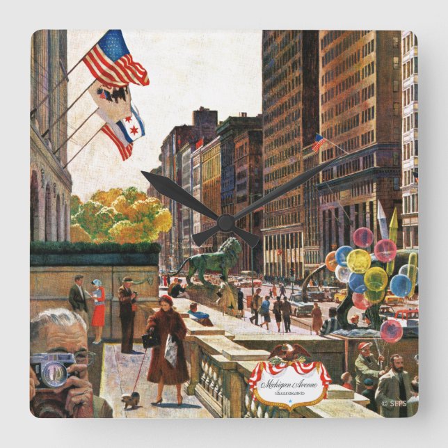 Michigan Avenue, Chicago von John Falter Quadratische Wanduhr (Vorderseite)