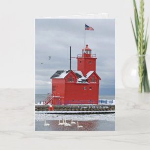 Michigan Big Red Lighthouse mit Swans Feiertagskarte