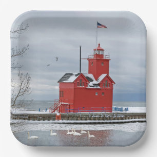 Michigan Big Red Lighthouse mit Winter Swans Pappteller