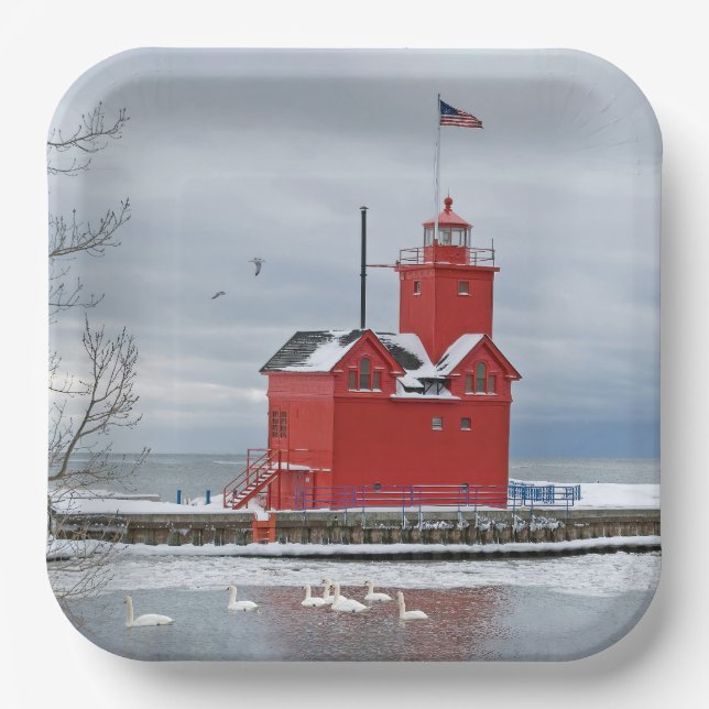Michigan Big Red Lighthouse mit Winter Swans Pappteller (Vorderseite)