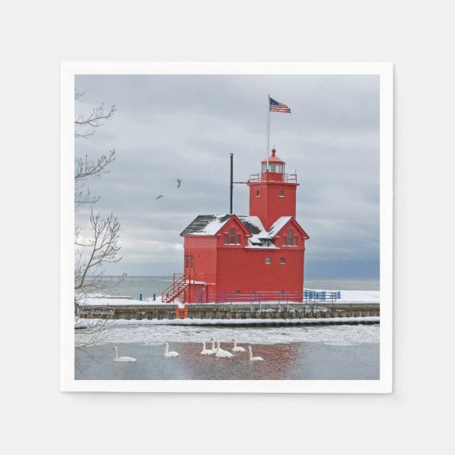 Michigan Big Red Lighthouse mit Winter Swans Serviette (Vorderseite)