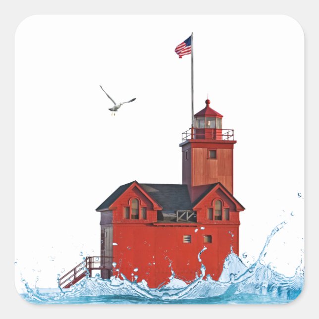 Michigan Big Red Lighthouse Quadratischer Aufkleber (Vorderseite)