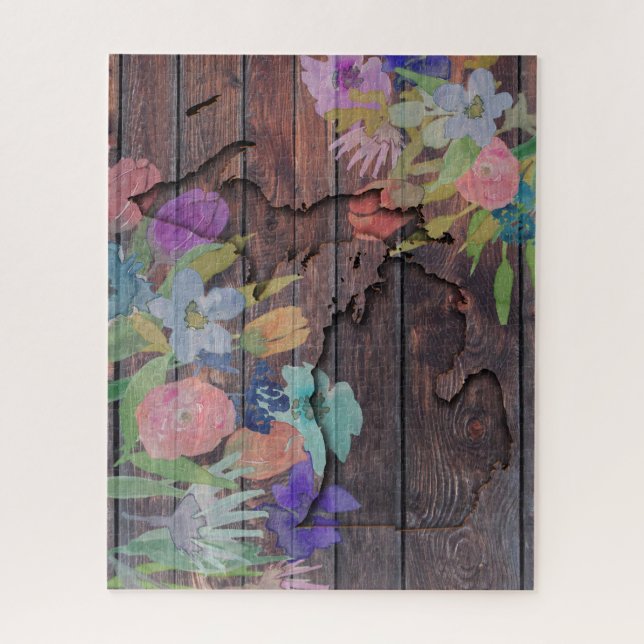 Michigan Carved Wood | Aquarellfarbene Blume Puzzle (Vertikal)