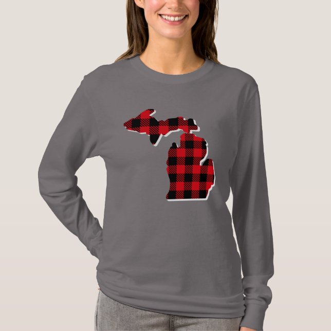 Michigan Christmas Kariert Staat Karte Kontur Shir T-Shirt (Vorderseite)