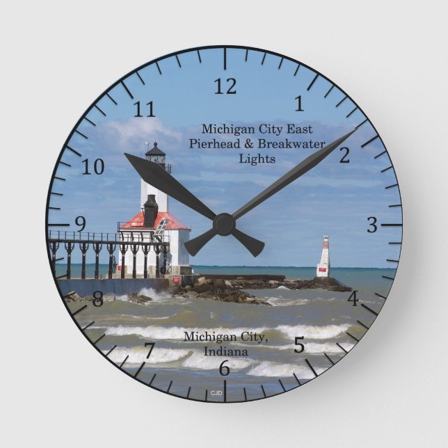Michigan City East Pier & Breakwater Lights Clock Runde Wanduhr (Vorderseite)