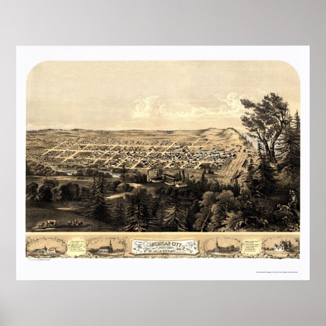 Michigan City, IN Panorama Karte - 1869a Poster (Vorne)