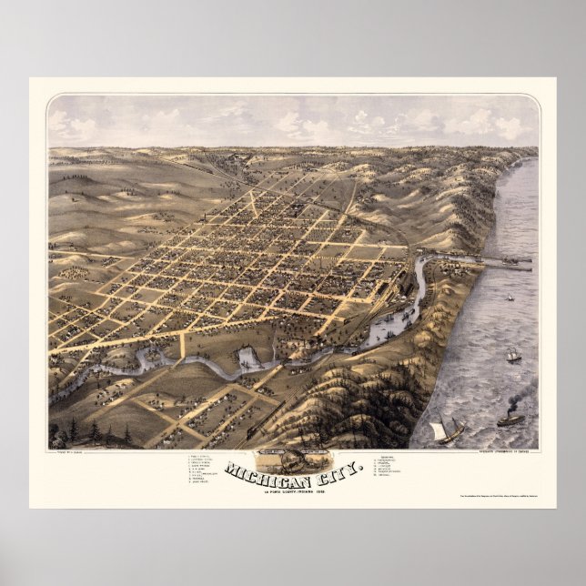 Michigan City, IN Panorama Karte - 1869b Poster (Vorne)