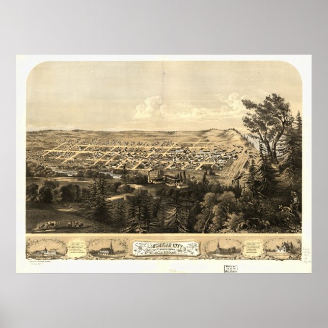 Michigan City Indiana 1868 Antique Panoramabalkart Poster (Vorne)