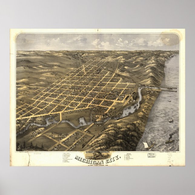 Michigan City Indiana 1869 Antike Panoramakarte Poster (Vorne)