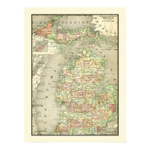 Michigan Farbige Antiquitätenkarte Staat & Landkre