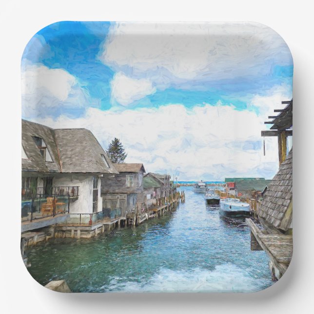 Michigan Fish Town Malerei Pappteller (Vorderseite)