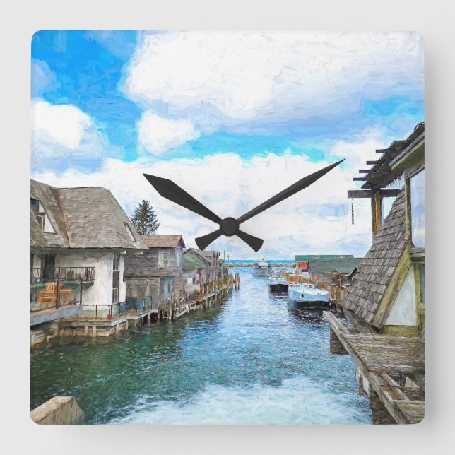 Michigan Fish Town Malerei Quadratische Wanduhr (Vorderseite)