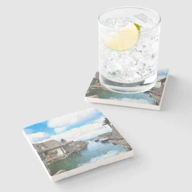 Michigan Fish Town Malerei Steinuntersetzer (Seitenansicht)