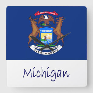 Michigan-Flagge und -Name Quadratische Wanduhr