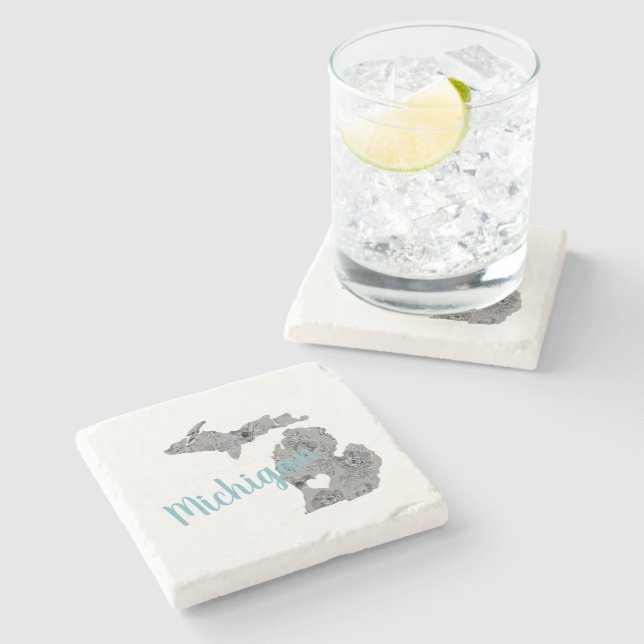 Michigan Floral gefüllt Silhouette mit "Michigan" Steinuntersetzer (Seitenansicht)