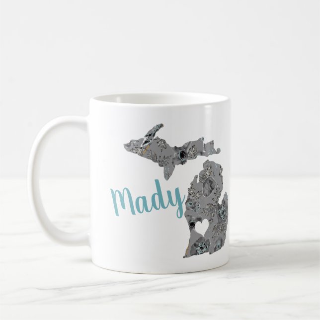 Michigan Form mit Name & Grey Blue Poppy Blüte Kaffeetasse (Links)