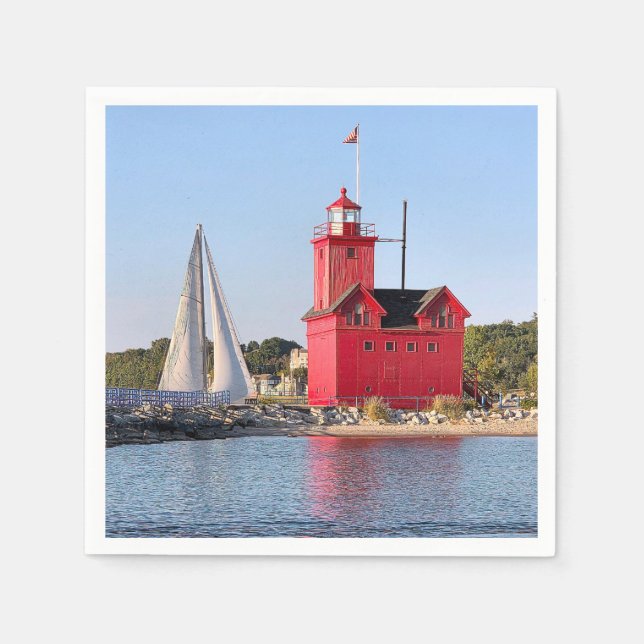 Michigan Große Rote Leuchtturm Mit Segelboot Serviette (Vorderseite)