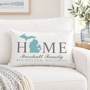 Michigan Home Aqua State Grau Familien-Monogramm Lendenkissen