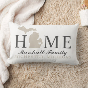 Michigan Home White Beige Familie Stadt Monogramm Lendenkissen