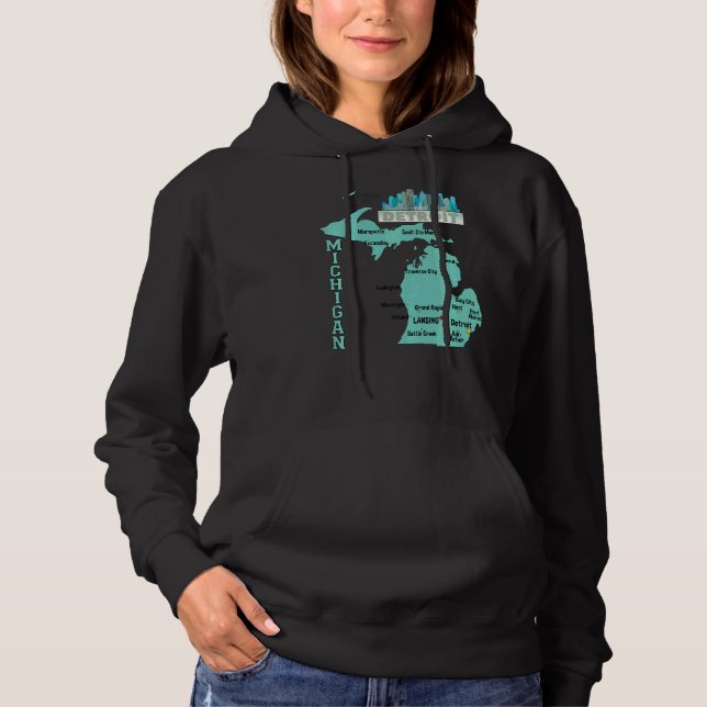 Michigan Karte der wichtigsten Städte mit City Sky Hoodie (Vorderseite)