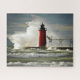 Michigan Leuchtturm mit großer Welle Puzzle