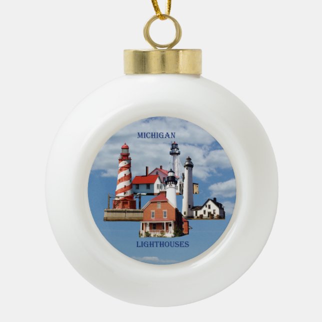 Michigan Leuchtturm rund oder Schneeflocke Keramik Kugel-Ornament (Vorderseite)