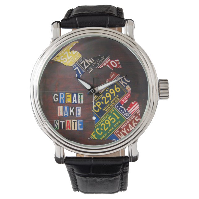 Michigan License Plate Map Art Wrist Watch Armbanduhr (Vorderseite)