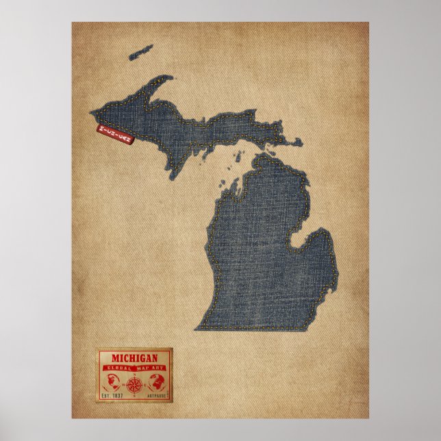Michigan Map Denim Jeans Style Poster (Vorne)