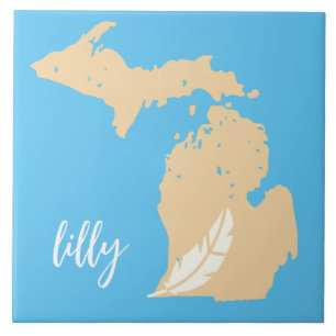 Michigan Map Feather Individuelle Name Blue Tan Fliese