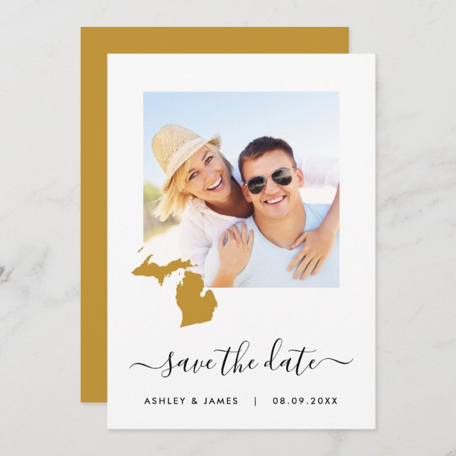 Michigan Map Foto Wedding Save the Date Card (Vorne/Hinten)