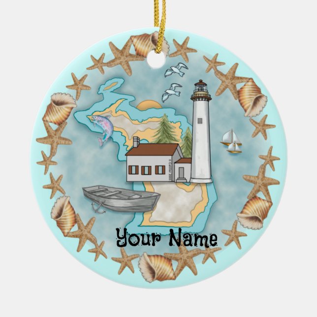 Michigan Muscheln Leuchtturm Keramik Ornament (Vorne)