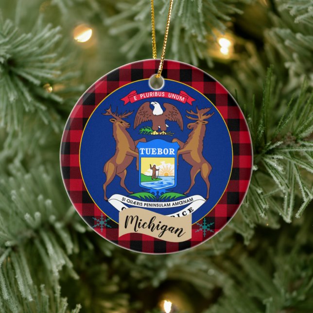 Michigan, Red Buffalo kariert & Michigan Flag Keramik Ornament (Baum)