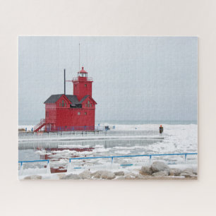 Michigan Red Lighthouse im Winter Puzzle