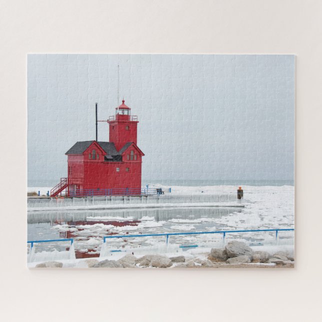 Michigan Red Lighthouse im Winter Puzzle (Horizontal)