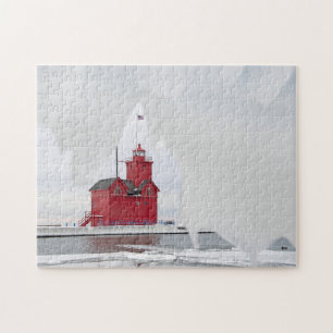 Michigan Red Lighthouse im Winter Puzzle