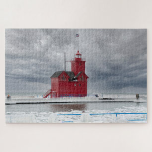 Michigan Red Lighthouse im Winter Puzzle