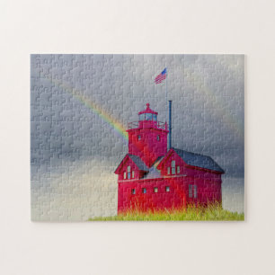 Michigan Red Lighthouse mit Regenbogen Puzzle